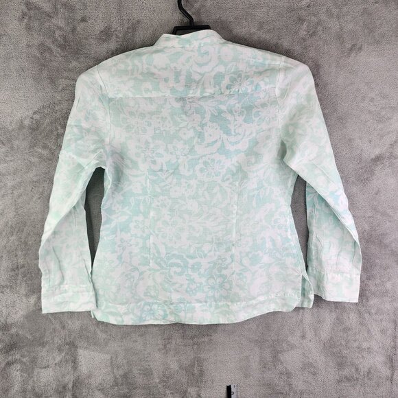 Womens Charter Club Blouse Shirt 100% Linen Teal White Floral Button Up Size 14 - Picture 7 of 10